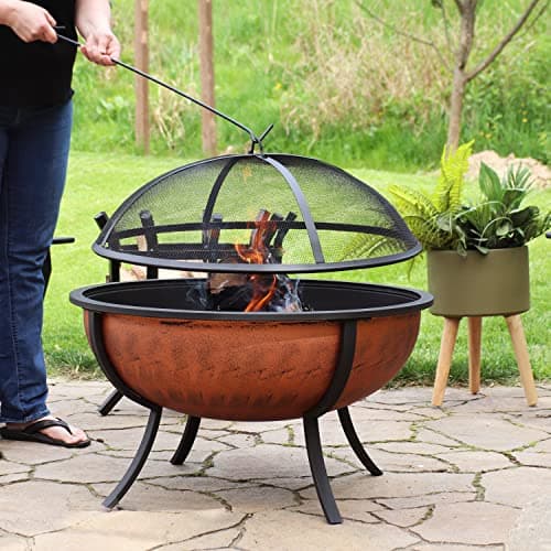 Sunnydaze 32-Inch Steel Fire Pit Bowl - High-Temperature Copper Finish Wood Burning Fire Pit with Screen, Wood Grate, and Poker