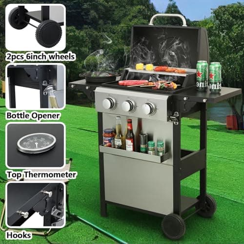 3 Burner Gas Grill with Lid, BBQ Grill With Griddle Combo, Outdoor Barbecue Grills with Wheels, Propane Grills with Foldable Side Table, Cooking Grids, Stainless Steel, 25650BTU