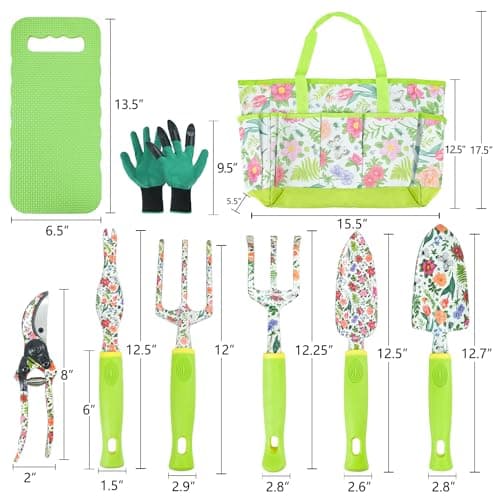 Garden Tool Set 9 Piece Heavy Duty Aluminum Gardening Hand Tools Kit Cute Gardening Supplies with Non-Slip Rubber Grip Gift for Women/Parent