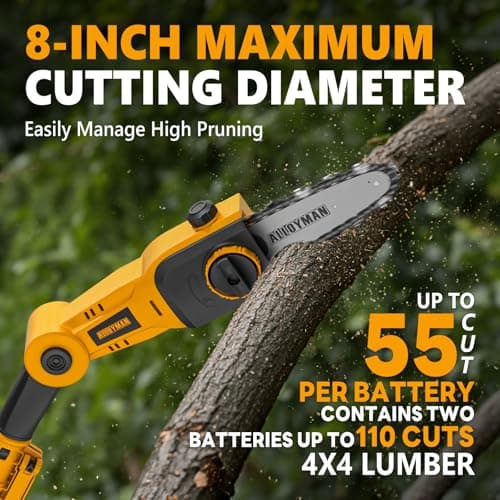 Alloyman Pole Saw 8-Inch Cordless and 16-Inch Pole Hedge Trimmer 2-in-1,with 2 Packs 4.0Ah Batteries & Charger,for Tree Trimming and Shrubs Pruning