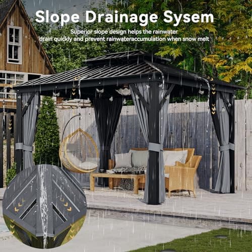 Aoxun 10'x12' Hardtop Gazebo, Aluminum Frame Canopy with Double Galvanized Steel Roof, Outdoor Metal Pavilion with Netting, Curtains for Backyard, Patio and Deck