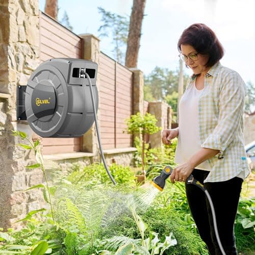 SILVEL Retractable Garden Hose Reel, 1/2 in x 110 ft Wall Mounted Garden Hose Reel, with 10 Pattern Nozzle, Any Length Lock, Slow Return System, 180°Swivel Bracket
