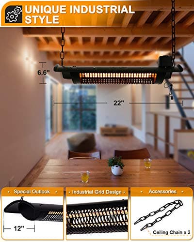 Star Patio Electric Patio Heater, Outdoor Heater, 750W/1500W Ceiling Infrared Heater with Rectangular Shape, Black, Silent Heating Hanging Patio Heater, IP44 Waterproof Outdoor Heaters, STP2066-CN2024