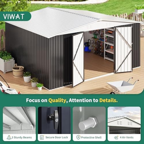 12x14 FT Outdoor Storage Shed, Metal Shed with Updated Frame Structure and Lockable Doors, Large Shed Upgrade Height Ideal for Garden, Backyard, Patio Utility and Tool Storage, White