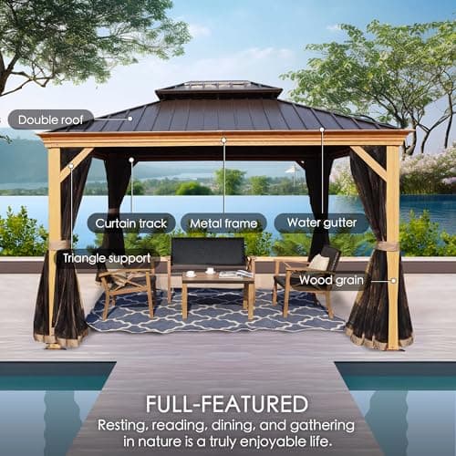 Kozyard Apollo 10’x12’ Hardtop Gazebo, Wooden Coated Aluminum Frame Canopy with Galvanized Steel Double Roof, Outdoor Permanent Metal Pavilion with Netting for Patio, Deck and Lawn (10ft x 12ft)