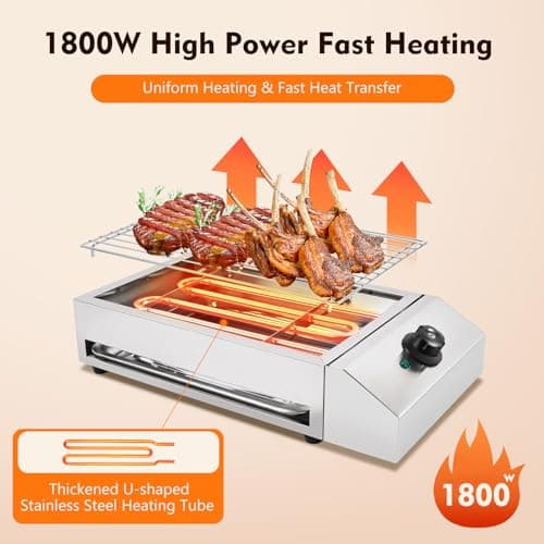Smokeless Indoor Grill, 1800W Electric Grill with Adjustable Temperature 122°F-302°F and Removable Stainless Steel Griddle, Perfect for Restaurant, Camping, or Party Use