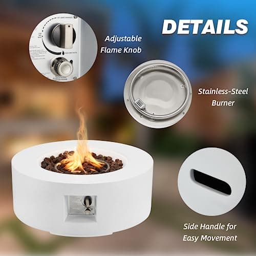 ECOTOUGE 2-Piece 30 Inch Round Outdoor Propane Firepit Table Set with Tank Table, 50,000 BTU Steel Gas Fire Table, Auto-Ignition Concrete Fire Pit w/Weather-Resistant Pit Cover, Lava Rocks, White