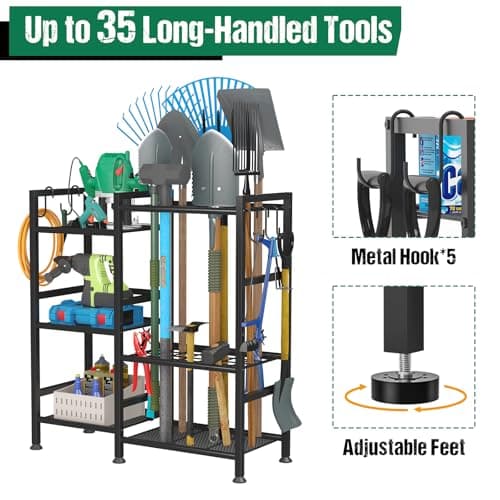 keomaisyto Garden Tool Organizer for Garage Organization, 3 Tier Yard Tool Storage Rack with 35 Long-Handled Tool Slots, Heavy Duty Garden Tool Holder with Large Hooks for Shed, Yard, Garage
