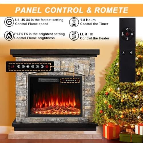 BOSSIN 36" Electric Fireplace with Mantel, 23 inch Electric Fireplace Insert, TV Stand Freestanding Heater with Remote Control Timer LED Flame for Living Room Bedroom,Faux Stone Gray