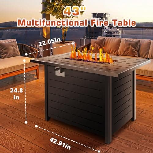 Xbeauty Fire Pit Propane Gas FirePit Table 43" Outdoor Fire Pit Rectangular Tabletop with Lid, Rain Cover, for Outside Garden Backyard Deck Patio