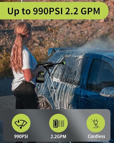 Cordless Pressure Washer Battery Powered; 990 PSI Cordless Power Washer with 4.0Ah Battery&Charger & 6-in-1 Nozzle; Portable Power Washer Cordless for Home; Battery Pressure Washer for Car Wash, Yard