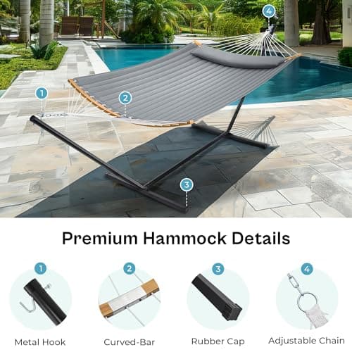 SUPERJARE Hammock with Stand, 2 Person Heavy Duty Hammock Frame, Detachable Pillow & Strong Curved-Bar & Portable Carrying Bag, Perfect for Outdoor & Indoor - Gray