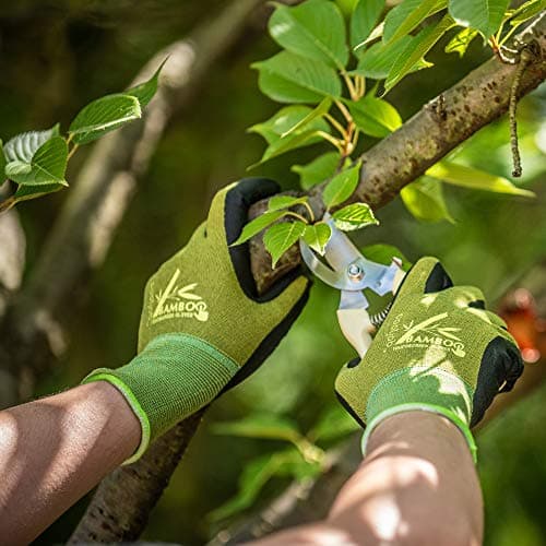 COOLJOB 2 Pairs Gardening Gloves for Women and Men, Bamboo Working Gloves Touchscreen, Grippy Nitrile Rubber Coated Work Gloves, Green/Black, X-Large Size (2 Pairs XL)