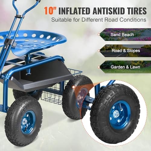 VEVOR Rolling Garden Work Seat with Wheels, Gardening Stool for Planting, 360 Degree Swivel Seat, Garden Scooter with Steering Handle & Tool Tray, Garden Chair for Outdoor, Patio and Yard, Blue