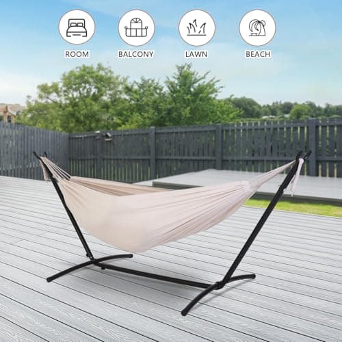 Double Hammock with Stand Included 450lb Capacity Space Saving Steel Stand,Premium Carry Bag Included,Suit for Outside,Indoor,Yard,Camping(Beige).
