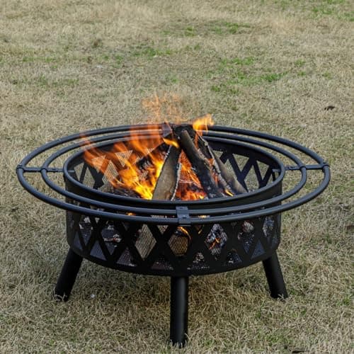 36 Inch Wood Burning Fire Pit with 2 Loops, Outdoor Fire Pit with Spark Screen & Fire Poker, Cross Weave Firepit for Outside Fireplace Bonfire for Yard,Patio, Garden…