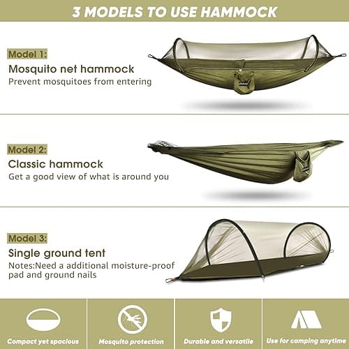 Chihee Ultra-Light Travel Camping Hammock Pop-up Net Hammock 660lbs Load Capacity,Breathable,Quick-Drying Parachute Nylon 2 Premium Carabiners,2 Tree Slings Included for Outdoor Backpacking Hiking