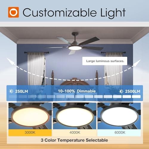addlon Ceiling Fans with Lights, 52 inch Black Ceiling fan with Light and Remote Control, Reversible, 3CCT, Dimmable, Noiseless, Ceiling Fan for Bedroom, Farmhouse, living room, Indoor/Outdoor Use