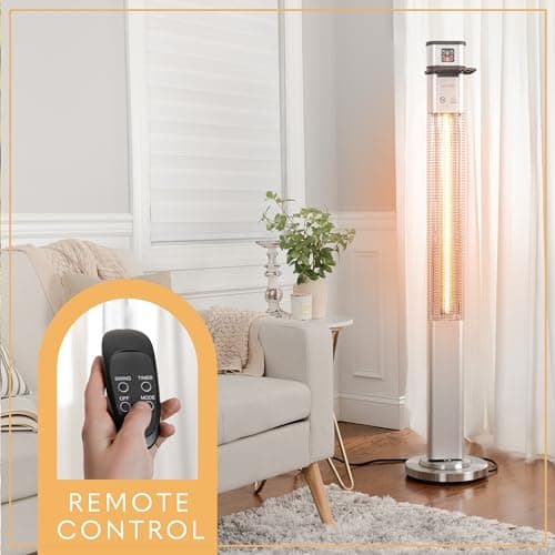 SereneLife Infrared Patio Heater, 1500W Electric Standing with Remote Control, IP44 Approved, Odorless, Three Power Settings, Indoor/Outdoor for Restaurant, Backyard, Garage, Decks