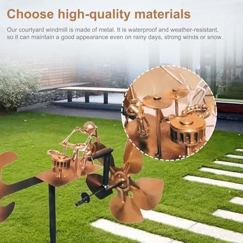 Handmade Metal Drummer Windmill – 2025 Rockin Percussionist Figurine, Wind-Powered Kinetic Sculpture, Garden Wind Spinner for Yard, Lawn, Patio Decoration (Golden)