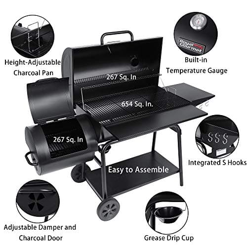 Royal Gourmet CC2036F Barrel Charcoal Grill with Offset Smoker, Outdoor BBQ Grill with 1200 Sq. In. Grilling Area for Large Event Gathering, Black