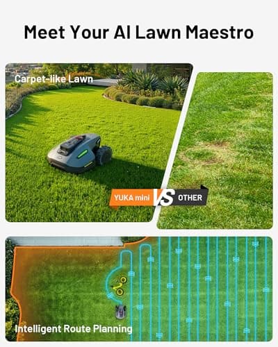 YUKA Mini 500H Robotic Lawn Mower with Garage Standard, Reception 0.12 Acre, Max Mowing 0.17 Acre, Ultrasense AI Vision+ RTK, Auto Mapping, 50% Slope, Cutting Height 2''~3.5'', 15 Mowing Zones