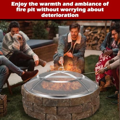 Fire Pit Spark Screen,36 Inch Fire Pit Screen Cover Stainless Steel Outdoor with Handle&Poker,Firepit Screens Cover Round Mesh Lid Heavy-Duty Steel Replacement for Backyard/Beach/RV Camping