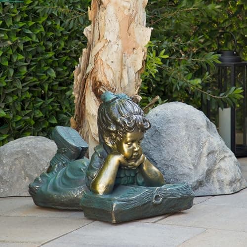 Alpine Corporation 16" Tall Indoor/Outdoor Girl Laying Down Reading Book Statue Set Yard Art Decoration