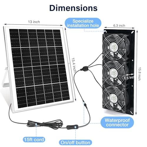 Solar 3 Fan Kit, 25W Solar Panel Powered Exhaust Fan for Outdoor Chicken Coop, Greenhouse & Shed, Intake or Exhaust Air for Cooling, IP67 Waterproof, 3500RPM, 15 FT Long Cord