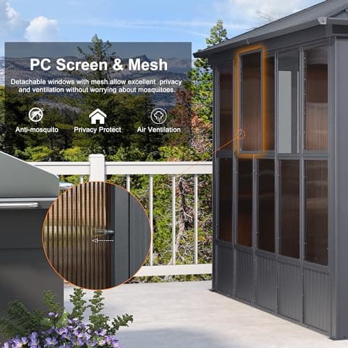 PURPLE LEAF 12' X 20' Sunroom Permanent Hardtop Gazebo Solarium Galvanized Steel Double Roof Aluminum Outdoor Screen House for Patio Deck Backyard Grey