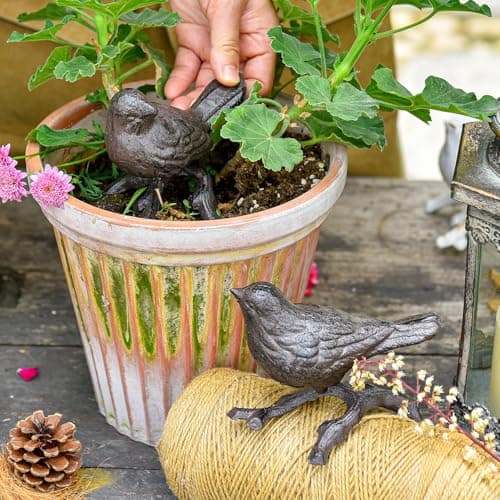 Sungmor Cast Iron Small Bird Statues, Set of 2 Realistic Rust Brown Bird with Branch Collectible Figurines, Farmhouse Home Garden Decorative Sculpture, Indoor and Outdoor Ornaments