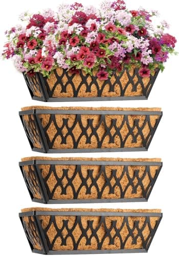 4 Pack 12 Inch Window Boxes Planters Railing Planter Box with Coco Liners Deck Railing Planter Boxes Balcony Hanging Flower Box for Outdoor Plants Garden Decor