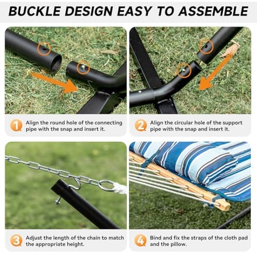 Double Hammock with Stand, 2 Person Cotton Rope Hammock with Removable Polyester Pad, 500LBS Capacity, Portable & Adjustable Design, Includes Storage Bag, Indoor Outdoor Use,Blue