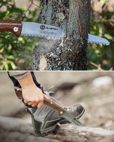 Folding Pruning Saw 10 Inch with Leather Sheath and Wenge Wooden Handle, SK5 Steel Blade, Foldable Hand Saw for Camping, Survival, Wood Cutting, Bushcraft and Tree Trimming