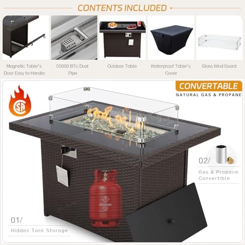 BULEXYARD 9 Piece Highback Patio Furniture Set with Fire Pit Table, Modern Modular Outdoor Sectional Couch Sofa with Ottoman, 8-Seater Backyard Seating for Exterior, Deck, Brown Wicker & Beige Cushion