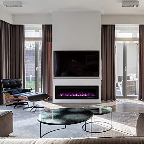 60 inches Electric Fireplace Recessed and Wall Mounted, Fireplace Heater and Linear Fireplace, with Timer, Remote Control, Adjustable Flame Color, 750w/1500w, Black