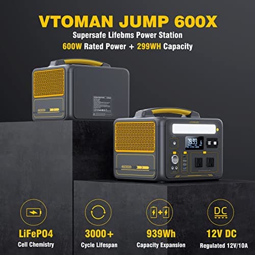 VTOMAN Jump 600X Portable Power Station, LFP Battery Powered Generator with 2x 600W AC Outlets (Surge 1200W), 4x USB ports, 3x DC Output for Outdoor Camping, Vehicle Emergency, Electric Backup