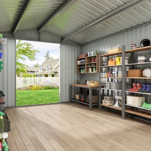 10 x 12 FT Outdoor Storage Shed, Large Metal Tool Sheds with Updated Frame Structure and Lockable Doors, Garden Shed for Backyard Garden Patio Lawn, Grey