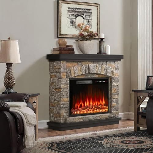 BOSSIN 36" Electric Fireplace with Mantel, 23 inch Electric Fireplace Insert, TV Stand Freestanding Heater with Remote Control Timer LED Flame for Living Room Bedroom,Faux Stone Gray