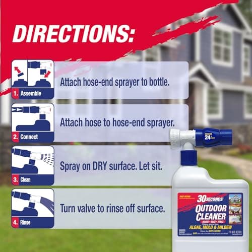 30 Seconds Outdoor Cleaner | Cleans Moss & Algae Stains from House, Vinyl Siding, Deck, Patio, Fence - 3 Capped Bottles, 1 Hose End Spray Attachment (64 Fl Oz (Pack of 3)