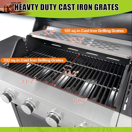 4 Burner Outdoor Propane Gas Grill with Side Burner & Thermometer, Stainless Steel Barbecue Grill with Wheels for Patio BBQ Cooking, Camping