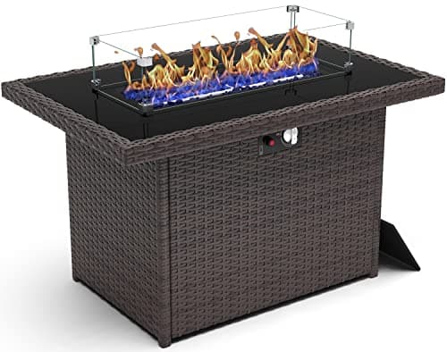 44 Inch Propane Gas Fire Pits Table for Outside Patio, 60000 BTU Rectangular Outdoor Wicker Rattan Fire Pit with Glass Wind Guard