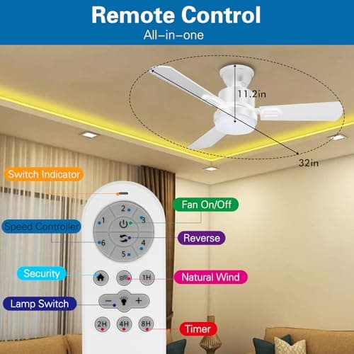 32" Ceiling Fans with Light and Remote, Energy Saving Super Quiet 6-Speed Ceiling Fan with 3CCT Dimmable Light for Indoor and Outdoor, Reversible, White and Wood