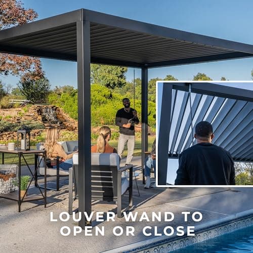 Backyard Discovery Sarasota 14' x 10' Galvanized Steel Louvered Pergola Kit with Adjustable Roof, Shade, Rain Protection, High-Wind Rating, Gutter System for Outdoor Patio, Garden, Deck, Entertaining