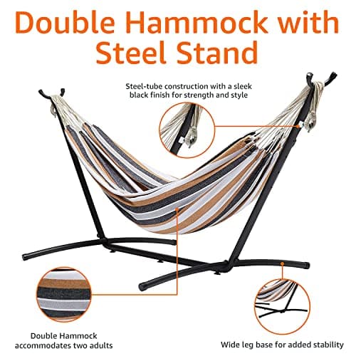 Amazon Basics Double 2 Person Heavy Duty Hammock with Space Saving Steel Stand and Carrying Case, 470lb Capacity, Multi Color, 118 x 46 x 39 inches