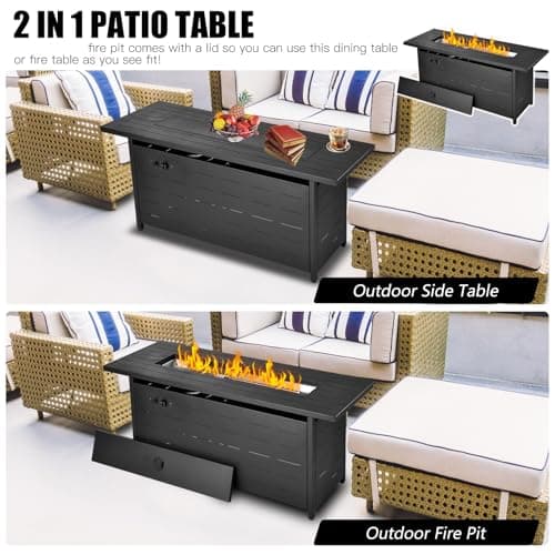 57 inch Propane Fire Pit Table,50000 BTU Gas Fire Pits Table with Lid & Lava Rock & Waterproof Cover, Outdoor Propane Firepit for Dining or Party, Outside, Patio, Garden, Yard
