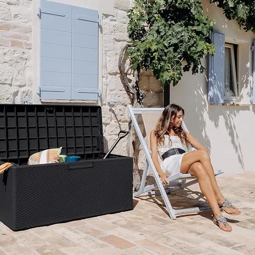 Toomax Portofino Large 90 Gallon Plastic Outdoor Storage Backyard Deck Box, with Lockable Lid, Seat Weight Capacity 450 Pounds, Gray