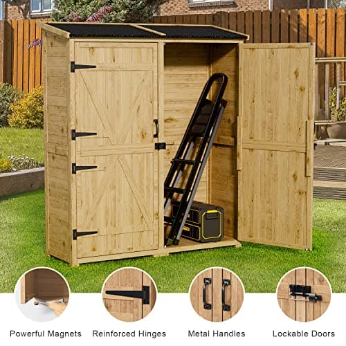 Gizoon Outdoor Storage Cabinet with Waterproof Roof, Double Lockable Doors Garden Shed with 2 Removable Shelves, Wooden Storage Shed with Large Storage Space for Patio, Garden, Backyard, Lawn