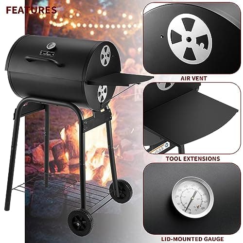 Charcoal Grill Outdoor BBQ Grill, Barrel Charcoal Grills with Side Table, with Nearly 500 Sq.In. Cooking Grid Area, Outdoor Backyard Camping Picnics, Patio and Parties, Black