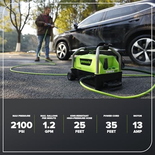 Greenworks 2100 PSI (SGS Certified) 1.2 GPM 13Amp Compact Electric Pressure Washer Telescoping Handle Power Washer for Cars, Driveways, Patios, Patio Furniture & Around Pools